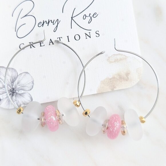 Pink Shimmer Glass Beaded Steel Hoop Earrings - Picture 6 of 7